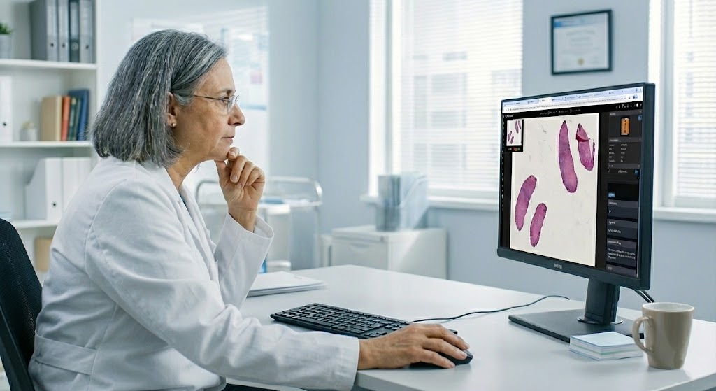 A pathologist reviewing a whole-slide image in the clinical viewer