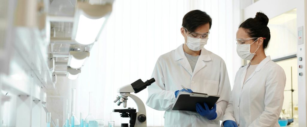 Pharma researchers reviewing trial data